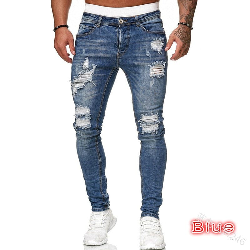 Mens Ripped Skinny Jeans Blue Slim Fit Hole Pencil Pants Casual Biker Trousers Streetwear 2022 High Quality Denim Man Clothing