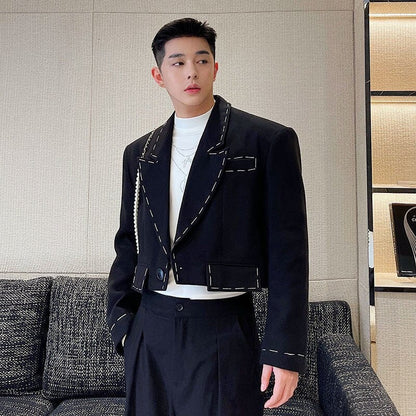 IEFB Menswear Temperament Topstitched Design Short Blazers Loose Notched Single Button Woolen Suit Jacket Autumn Winter  New