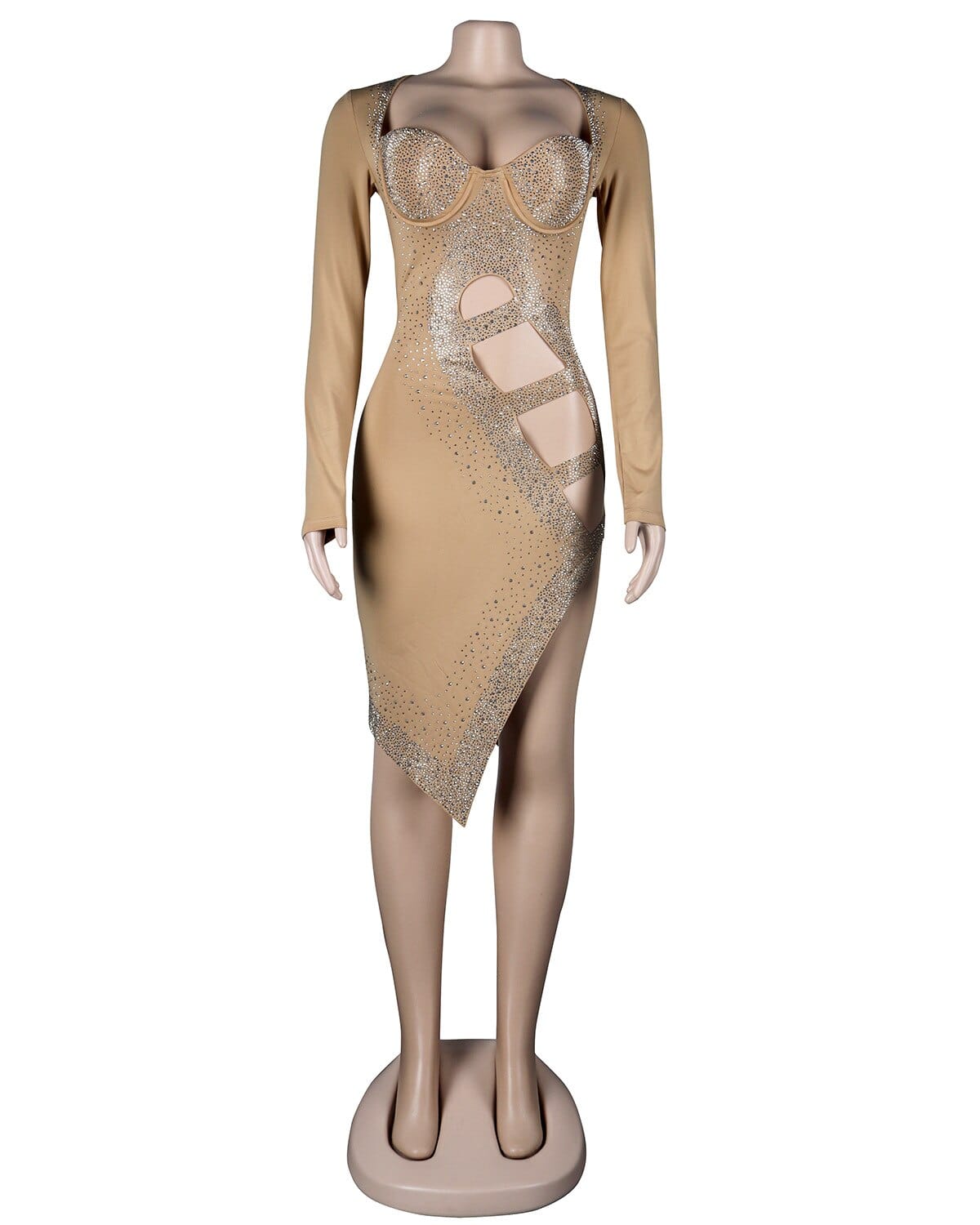 QILI New Arrivals Womens Diamonds Dress Sexy Square Collar Full Sleeve Hollow Out Rhinestone Dresses Elegant Ladies Party Dress