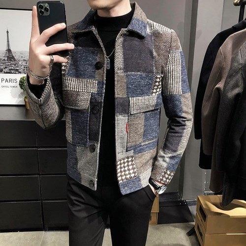 2022 Autumn and Winter Fashion New Men&#39;s Casual Lapel Hoodless Jacket / Male Slim Plaid Woolen Coat