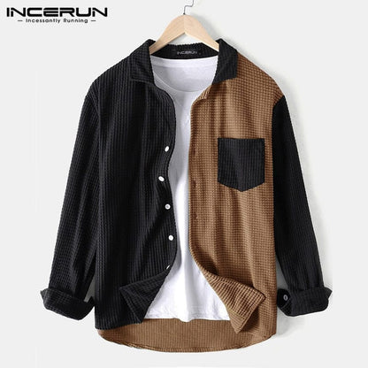 INCERUN Men Shirt Patchwork  Turn Down Collar Long Sleeve Chic Blouse Streetwear Button Casual Camisas Hombre Men Clothing 7