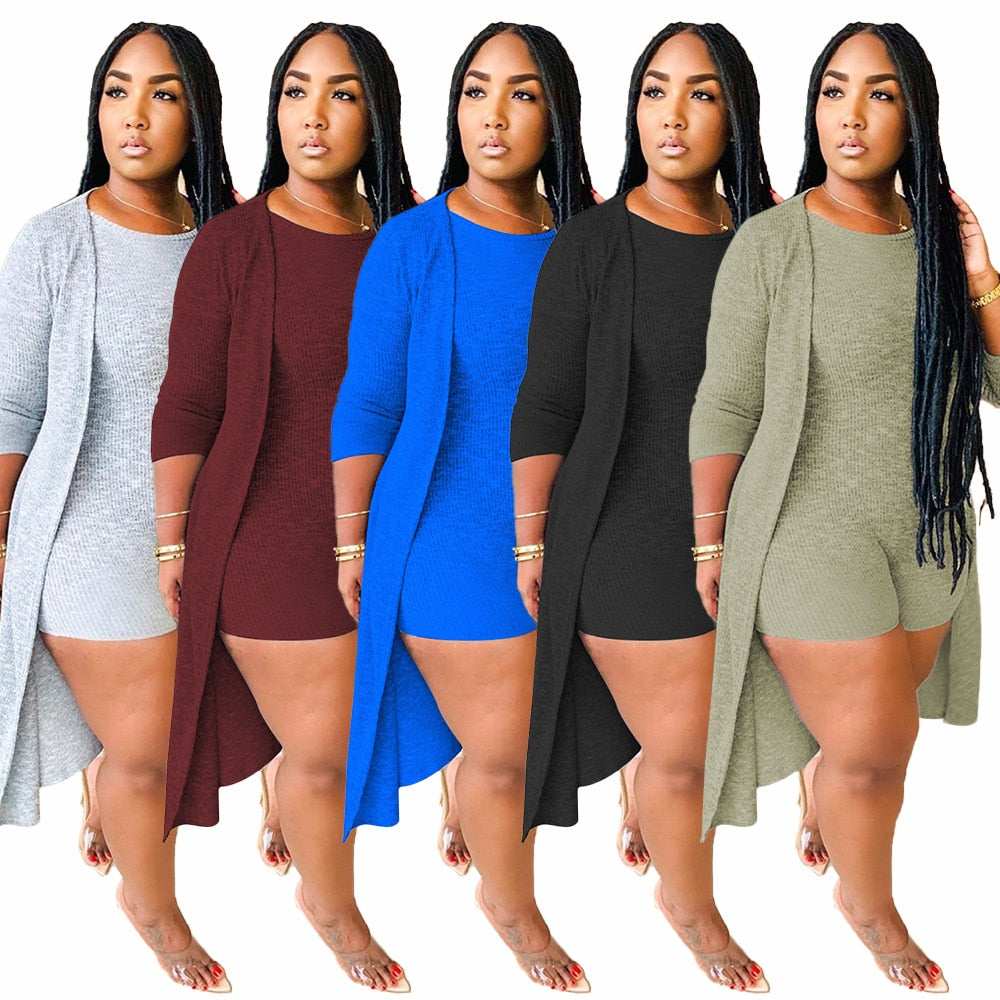 Women Plus Size Casual Two Piece Sets 2021 Spring New Arrivals O-neck Skinny Short Jumpsuits Long Sleeve Midi Cardigan Outfits