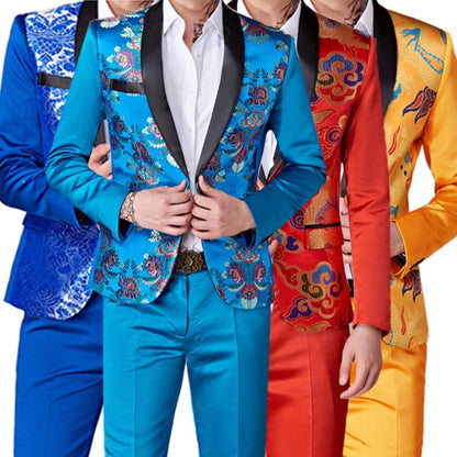 Fashion New Men's Casual Business Host Flower Suit Coat Pants 2 Pcs Set/ Men's Colorful Slim Fit Blazers Jacket Trousers