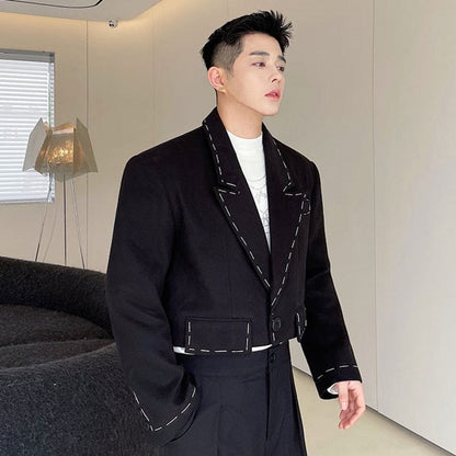 IEFB Menswear Temperament Topstitched Design Short Blazers Loose Notched Single Button Woolen Suit Jacket Autumn Winter  New