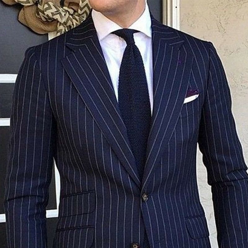 Pinstripe Slim Fit Men Suits for Formal Wedding Tuxedo Notched Lapel 2 Piece Navy Blue Striped Business Groom Male Fashion