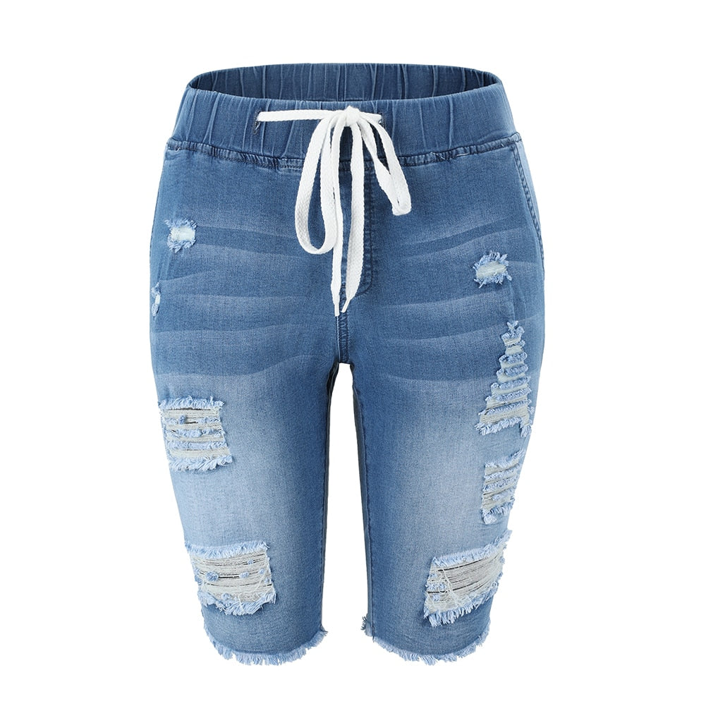 Summer Denim Ripped Bermuda Shorts Women Blue Drawstring Closure Distressed Knee Length Stretch Short Jeans