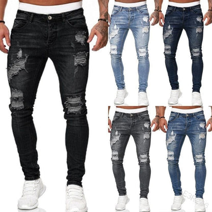 Mens Ripped Skinny Jeans Blue Slim Fit Hole Pencil Pants Casual Biker Trousers Streetwear  High Quality Denim Man Clothing