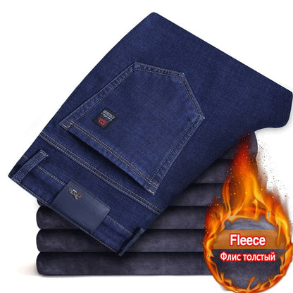 Winter New Men's Warm Slim Fit Jeans Business Fashion Thicken Denim Trousers Fleece Stretch Brand Pants Black Blue