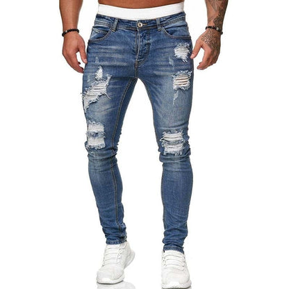 Mens Ripped Skinny Jeans Blue Slim Fit Hole Pencil Pants Casual Biker Trousers Streetwear  High Quality Denim Man Clothing