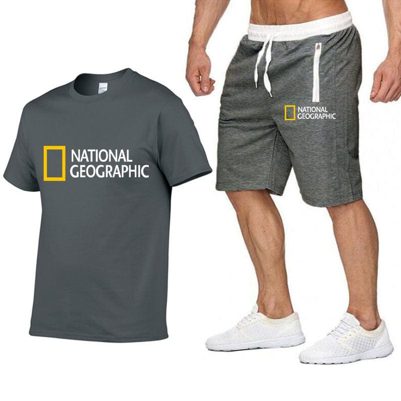 National Geographic Tracksuit Sets Men's Casual Brand Fitness Sweatshirt Two-piece T-shirt Shorts Men's Hip Hop Fashion Clothing