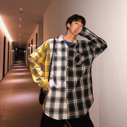 LAPPSTER Men Oversized Cotton Plaid Shirt  Man Hip Hop Patchwork Button Up Long Sleeve Shirt Couple Korean Harajuku Clothing
