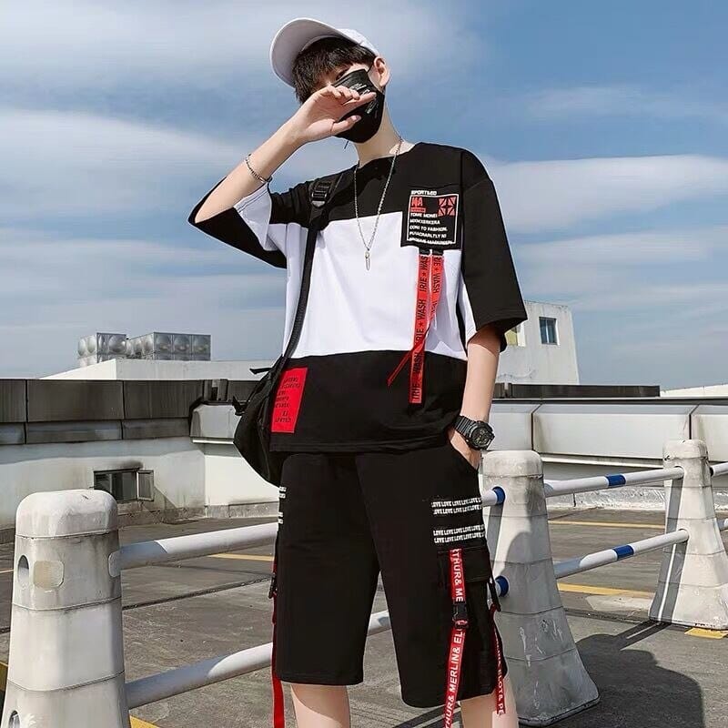 streetwear 2pcs set men Short-sleeved Shorts Two-piece Suit Male Summer Student Youth Hip Hop Sports Style Of All Matching