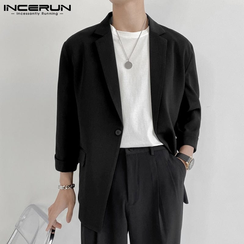 INCERUN Blazer de modă pentru bărbați, îmbrăcăminte de stradă, culoare solidă, rever, mânecă 3/4, cu un singur buton, costume de agrement, pentru bărbați, 2022, jachete subțiri, casual, S-5XL