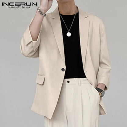 INCERUN Fashion Men Blazer Streetwear Solid Color Lapel 3/4 Sleeve One Button Leisure Suits Men  Casual Thin Jackets S-5XL