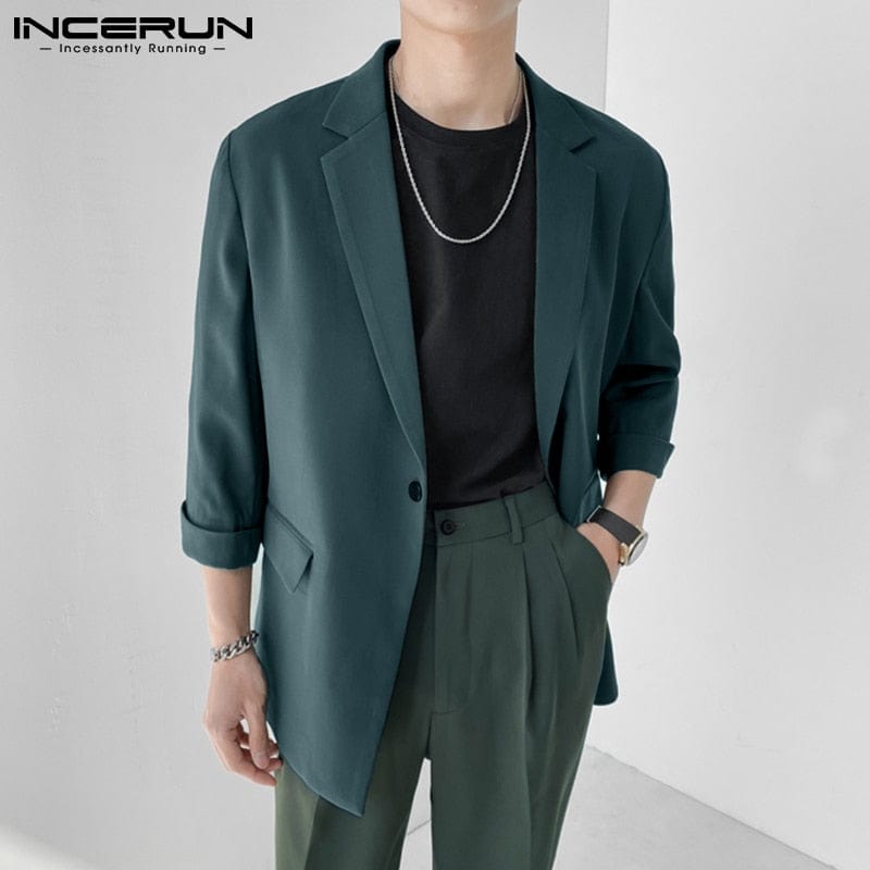 INCERUN Blazer de modă pentru bărbați, îmbrăcăminte de stradă, culoare solidă, rever, mânecă 3/4, cu un singur buton, costume de agrement, pentru bărbați, 2022, jachete subțiri, casual, S-5XL