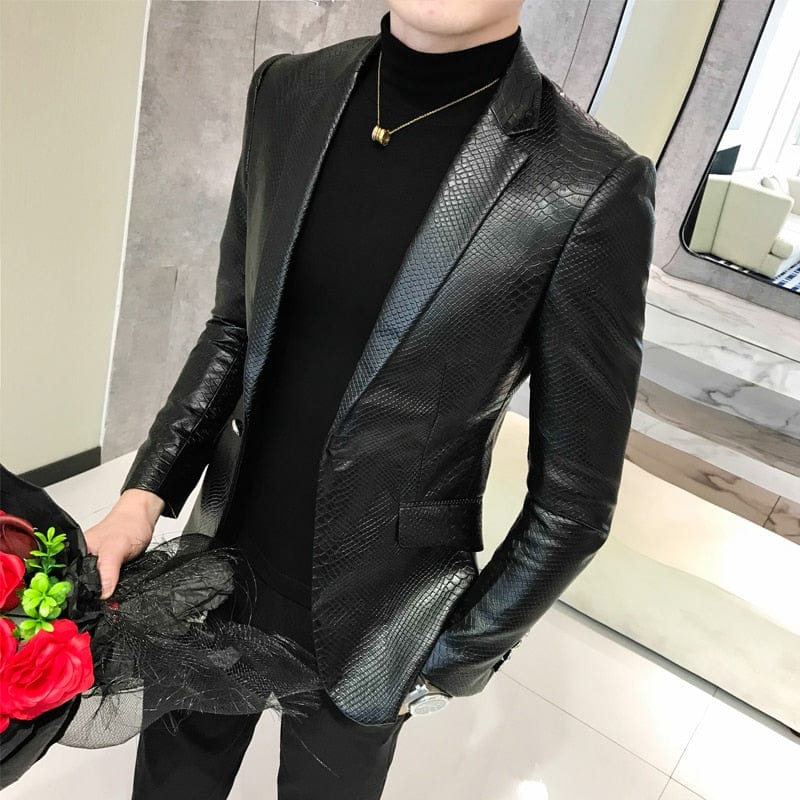 Costum bărbați Blazer negru slim fit Hombre Jachetă din piele PU Bărbați cu un singur buton Business Casual Balul costum coreean