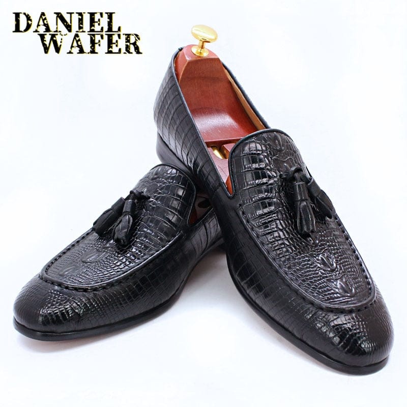 LUXURY MEN LOAFERS SHOES BLACK COFFEE CROCODILE PRINTS SLIP ON TASSELS LOAFERS CASUAL MAN SHOES FORMAL DRESS LEATHER SHOES MEN