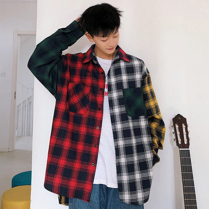 LAPPSTER Men Oversized Cotton Plaid Shirt  Man Hip Hop Patchwork Button Up Long Sleeve Shirt Couple Korean Harajuku Clothing