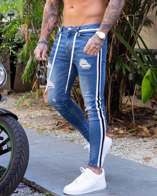 Blugi skinny bărbați Hip Hop cu dungi elastice, slim fit, pantaloni din denim, pantaloni elastici pentru bărbați, blugi, cu găuri rupte, pe genunchi