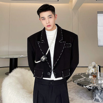 IEFB Menswear Temperament Topstitched Design Short Blazers Loose Notched Single Button Woolen Suit Jacket Autumn Winter  New