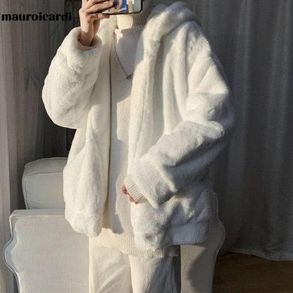 Mauroicardi Winter Oversized White Faux Fur Coat Men with Hood Long Sleeve Zipper Casual Loose Fluffy Jacket for Men Style