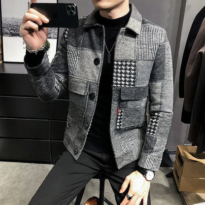 Autumn and Winter Fashion New Men's Casual Lapel Hoodless Jacket / Male Slim Plaid Woolen Coat