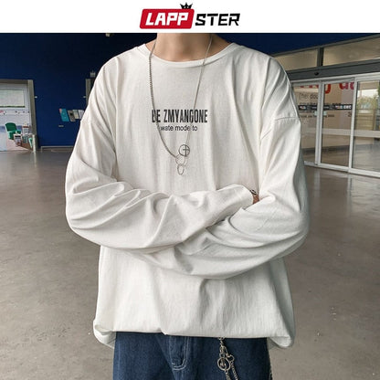 LAPPSTER Men Graphic Letter T Shirt Long Sleeve  Autumn Mens Harajuku Streetwear Kpop Tshirts Colorful Tops Tees Plus Size