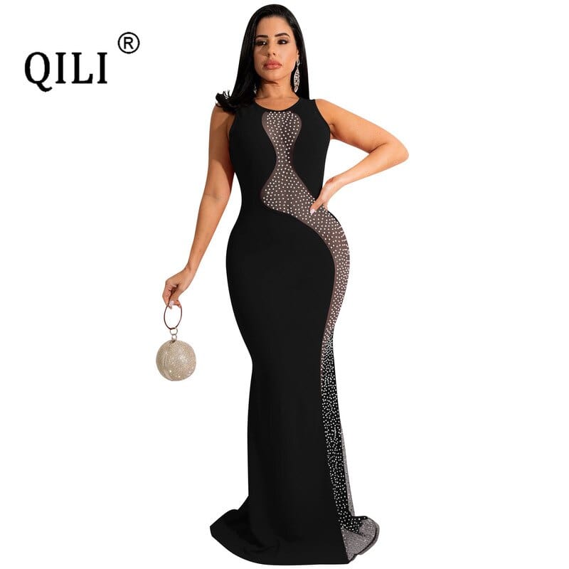 QILI Sexy Hot Rhinestone Mesh See-through Sleeveless Backless Long Skirt Dress Women