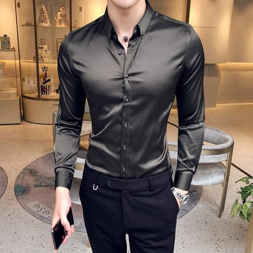 Neckline Embroidery Mens Shirts Long Sleeve Casual Slim Fit Men Dress Shirts Solid Color Formal Business Social Clothing Blouse