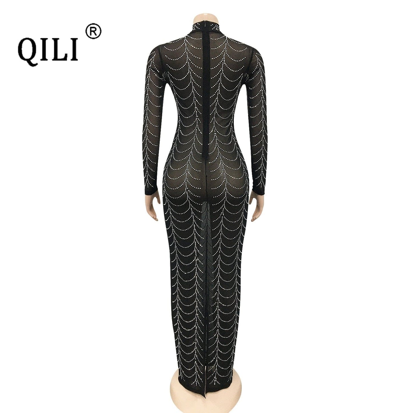 QILI Sexy See Through Mesh Diamonds Dress Full Sleeve Nightclub Hot Drilling Mesh See-through Long-sleeved Dress Black Gold