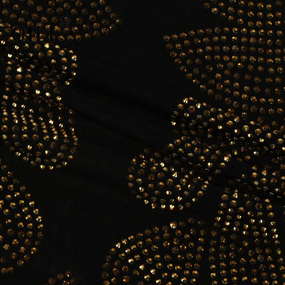 QILI Black Gold Diamonds Dress for Womens Sexy See Through Mesh Rhinestone Long Sleeve Dresses Party Club Short Dress Mini
