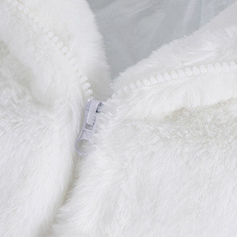 Mauroicardi Winter Oversized White Faux Fur Coat Men with Hood Long Sleeve Zipper Casual Loose Fluffy Jacket for Men Style