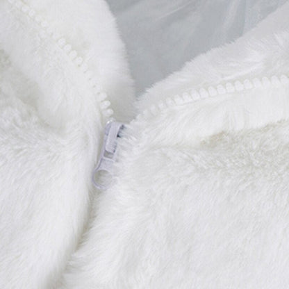 Mauroicardi Winter Oversized White Faux Fur Coat Men with Hood Long Sleeve Zipper Casual Loose Fluffy Jacket for Men Style