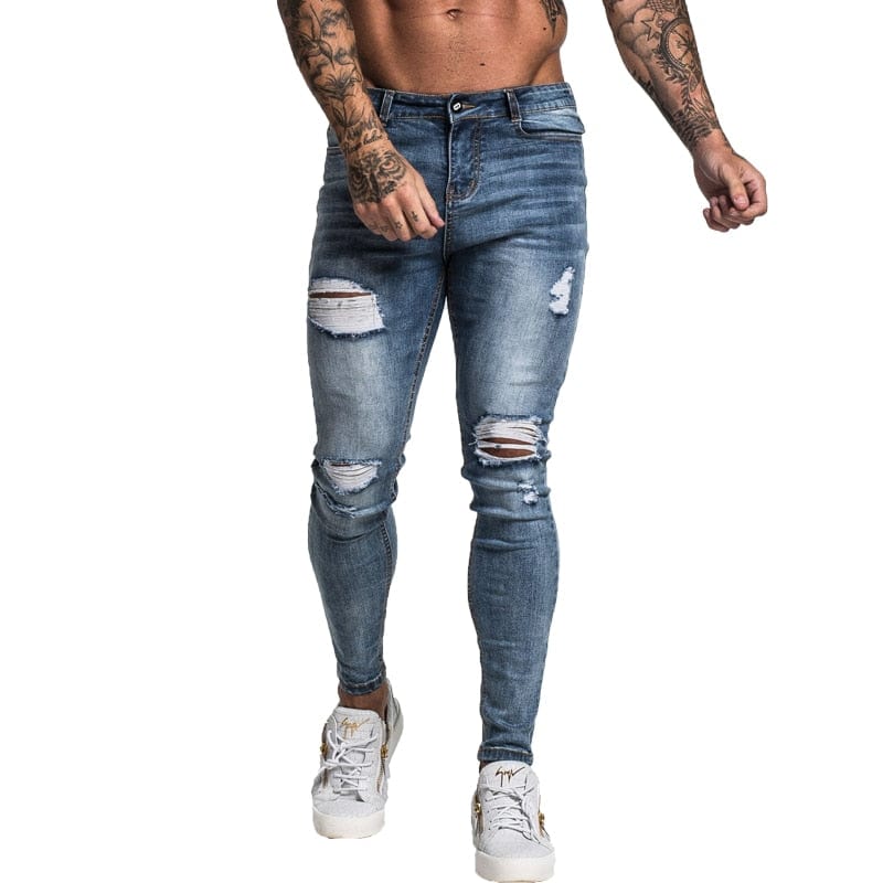 Gingtto Blugi pentru bărbați Skinny Stretch Blugi reparați Albastru deschis Hip Hop Distressed Super Skinny Slim Fit Bumbac Confortabil Mărime mare