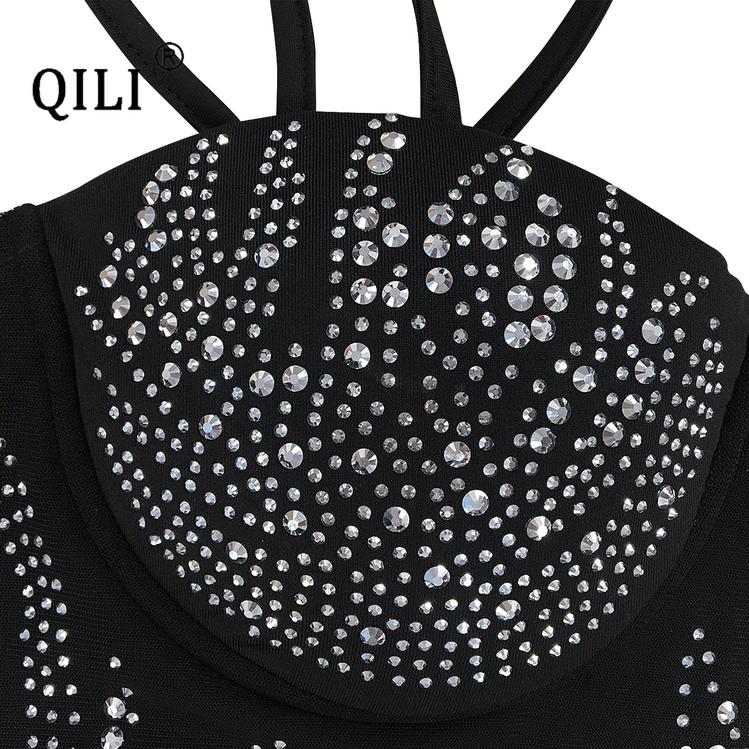 QILI Sexy Diamonds Dress for Womens Camisole Sleeveless Black Orange Red Dress Party Club Elegant Lady Rhinestone Dresses