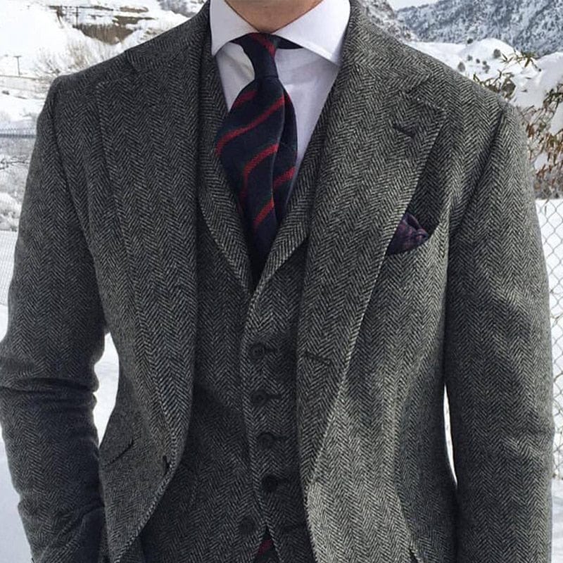 Costume de bărbați din tweed de lână gri pentru nuntă de iarnă Tuxedo de mire formal 3 piese Set de modă masculină în oase de pește Jachetă Vestă cu pantaloni