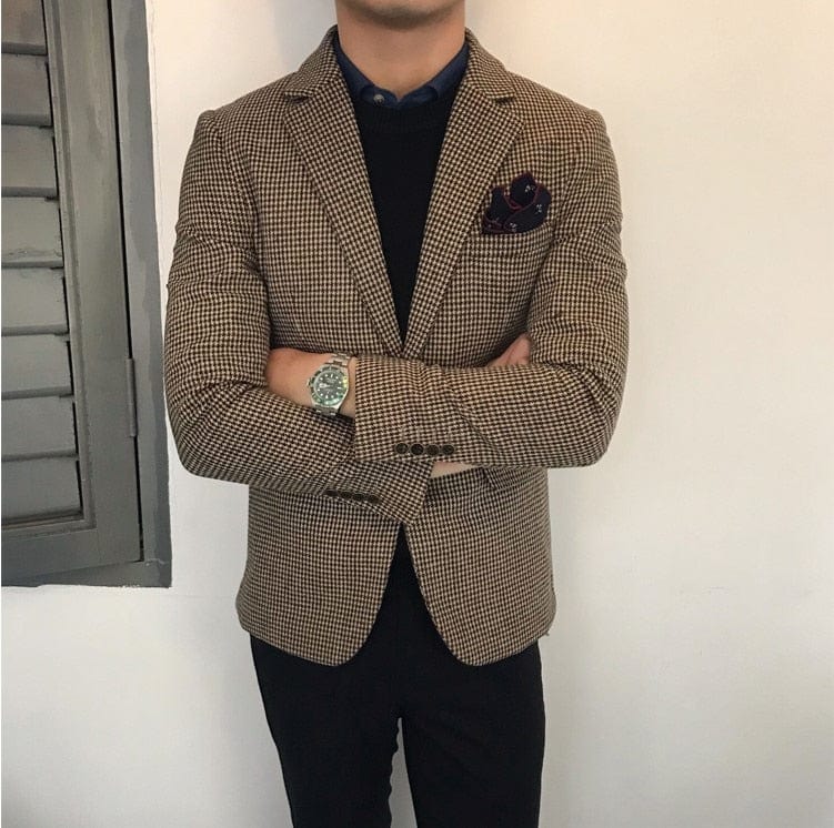 Jachetă de costum pentru bărbați, cafea, din lână, tweed, retro, pentru afaceri, cu guler croit, sacou casual pentru nuntă, costume de mire 2021