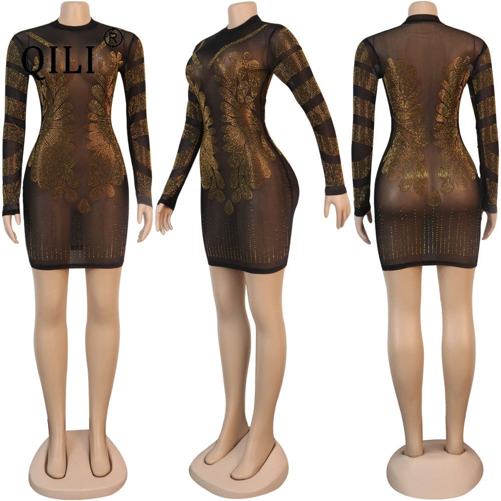 QILI Black Gold Diamonds Dress for Womens Sexy See Through Mesh Rhinestone Long Sleeve Dresses Party Club Short Dress Mini