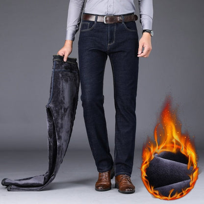 Winter New Men's Warm Slim Fit Jeans Business Fashion Thicken Denim Trousers Fleece Stretch Brand Pants Black Blue