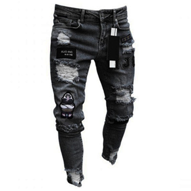 New Men's Slim-Fit Ripped Jeans Men's Painted Jeans Patch Beggar Pants Jumbo Men's Hip Hop Pants Size S-4XL