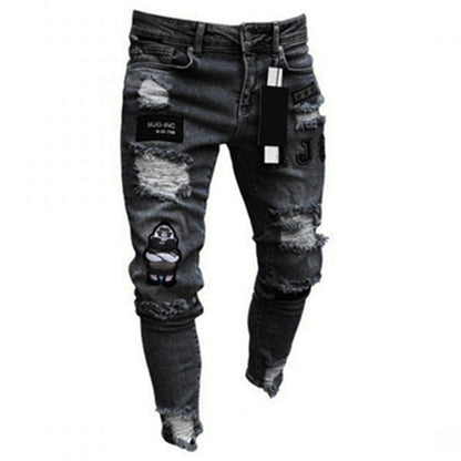 New Men's Slim-Fit Ripped Jeans Men's Painted Jeans Patch Beggar Pants Jumbo Men's Hip Hop Pants Size S-4XL
