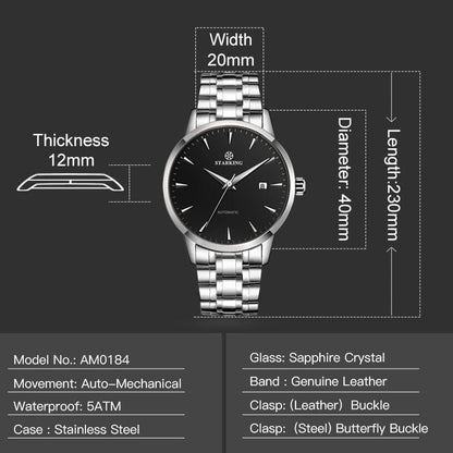 STARKING Business Men Watch 40mm Men's Mechanical Watch Simple Sapphire AM0184  Calendar Ultra Thin Mechanical Watch 5Bar