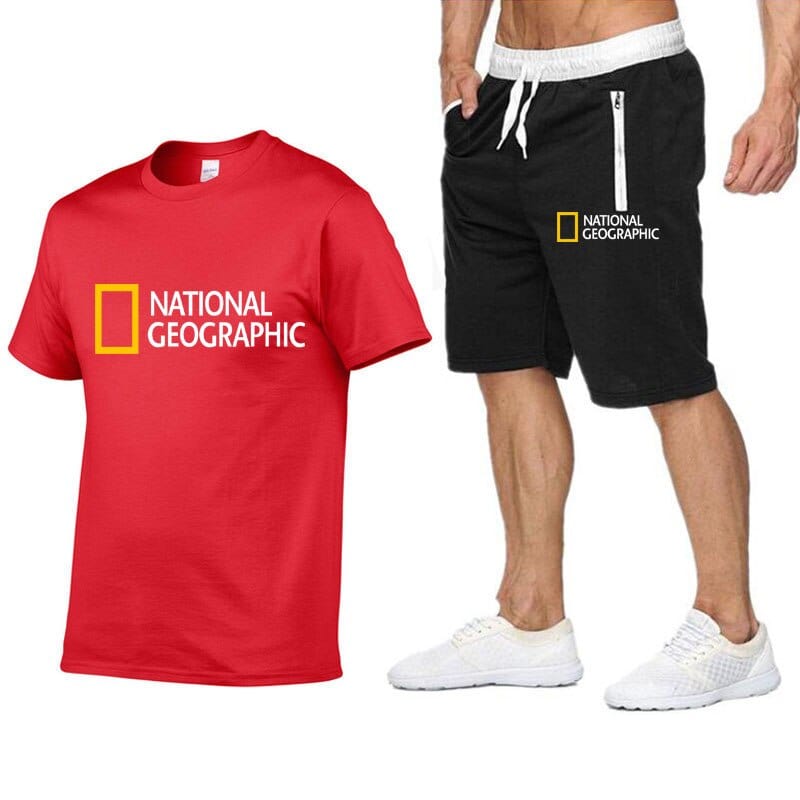 National Geographic Tracksuit Sets Men's Casual Brand Fitness Sweatshirt Two-piece T-shirt Shorts Men's Hip Hop Fashion Clothing