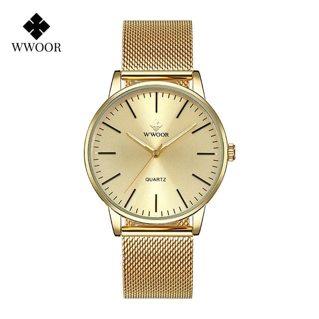 WWOOR Men Gold Watches  Luxury Brand Men Fashion Quartz Golden Clock Male Simple Sports Waterproof Wrist Watch Zegarek Meski