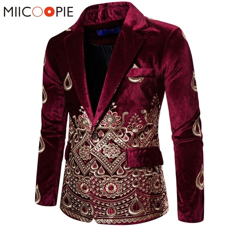 Floral Embroidery Wedding Suits For Men Luxury Wine Velvet Formal Slim Fit Single Button Mens Party Clothes Business Suit Jacket