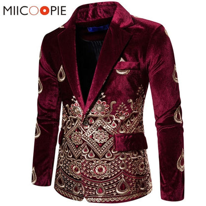 Floral Embroidery Wedding Suits For Men Luxury Wine Velvet Formal Slim Fit Single Button Mens Party Clothes Business Suit Jacket
