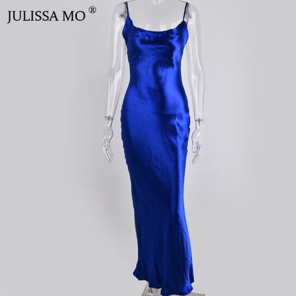 JULISSA MO Sexy Spaghetti Strap Backless Summer Dress Women Satin Lace Up Trumpet Long Dress Elegant Bodycon Party Dresses