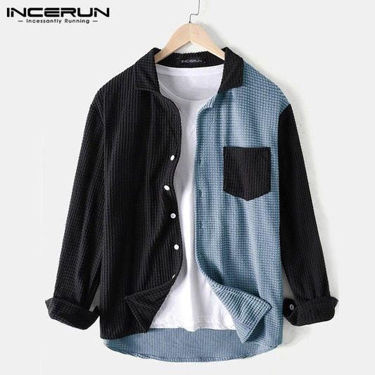 INCERUN Men Shirt Patchwork 2022 Turn Down Collar Long Sleeve Chic Blouse Streetwear Button Casual Camisas Hombre Men Clothing 7