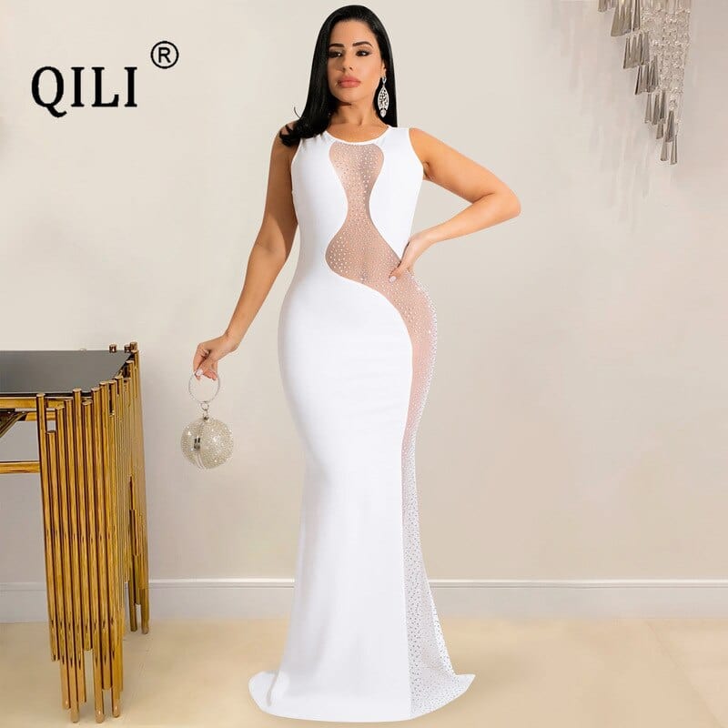 QILI Sexy Hot Rhinestone Mesh See-through Sleeveless Backless Long Skirt Dress Women