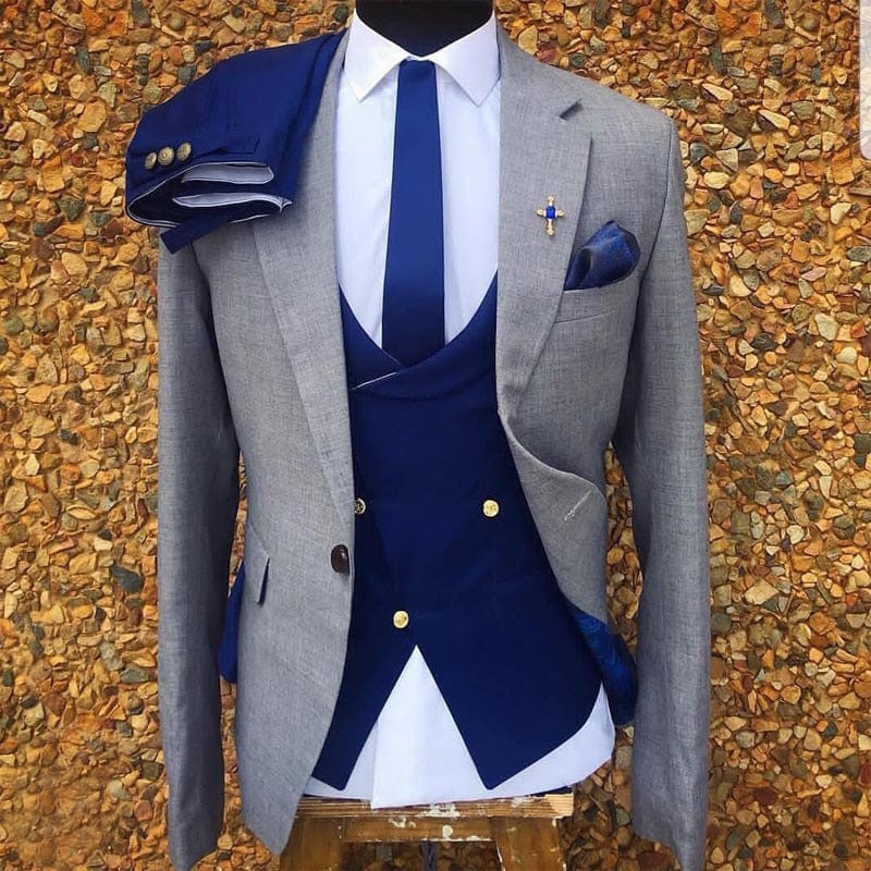 3 piese smoking de nuntă gri pentru bărbați Set costume formale jachetă vestă dublu cu pantaloni albastru regal Costum masculin de modă